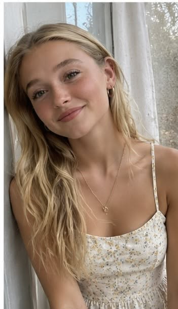 Young woman with blonde hair wearing a floral dress and hoop earrings