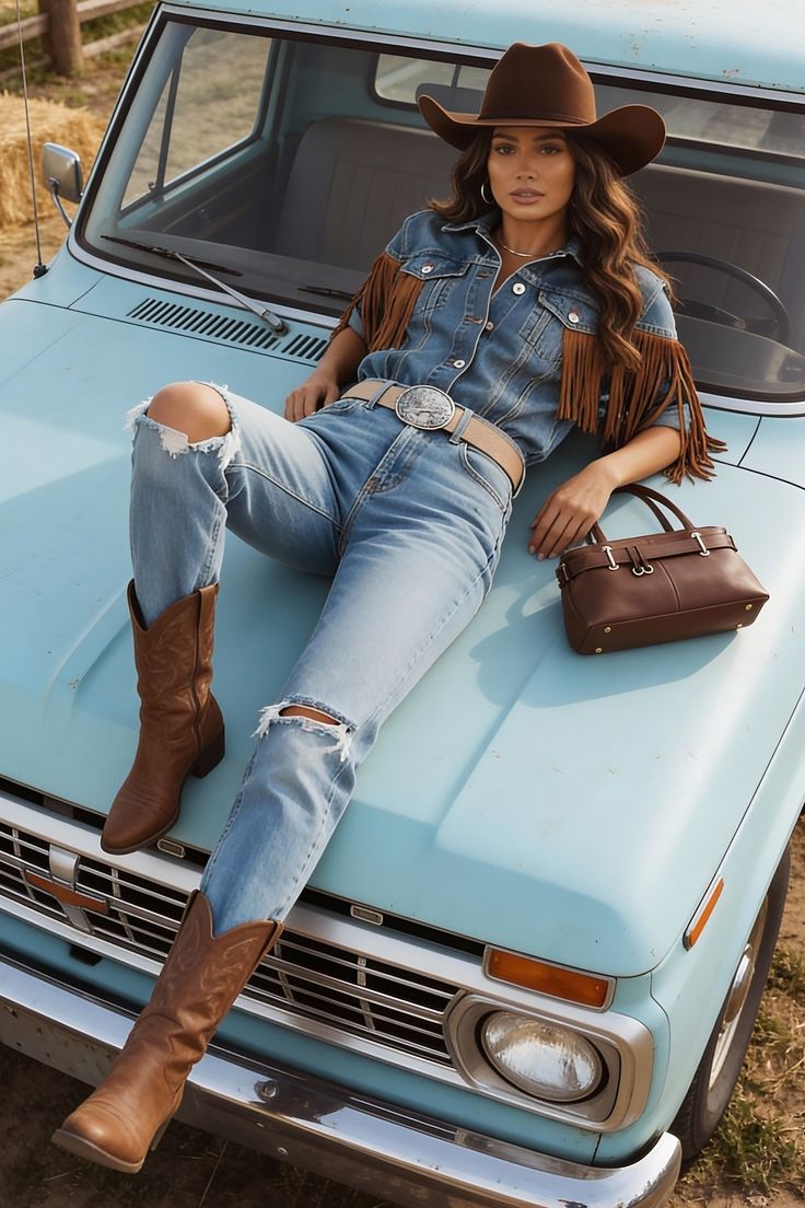 Woman in a cowboy hat and denim outfit posing on a blue vintage truck