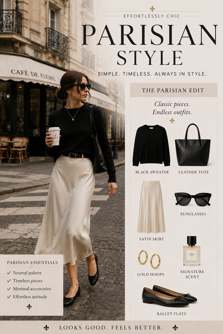 Woman in a black sweater and satin skirt walking on a street
