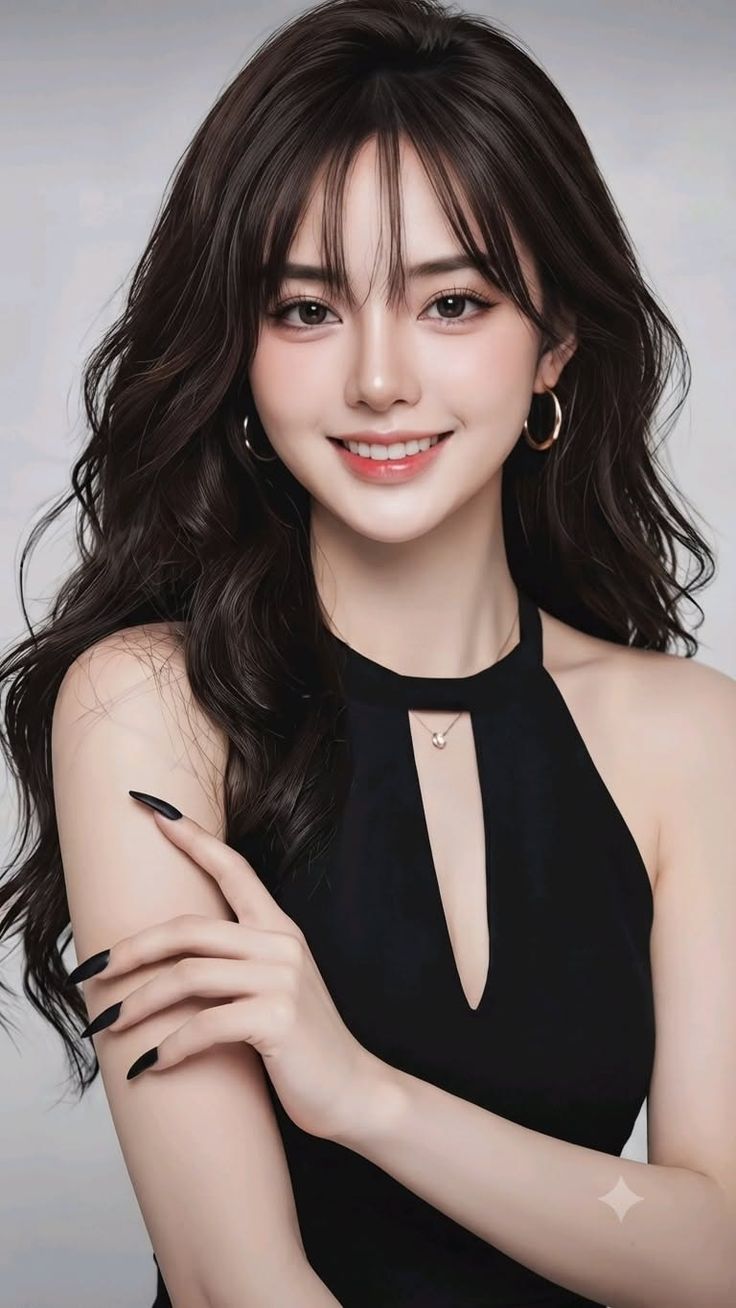 Woman with long dark hair and a black dress smiling at the camera