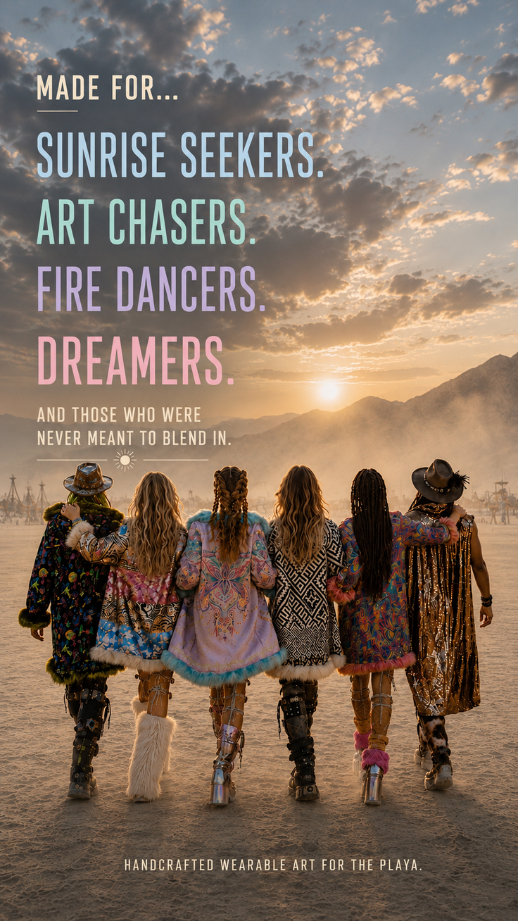 Group of people in elaborate outfits walking away from the camera at sunset in a desert