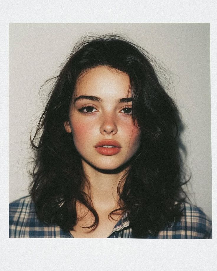 Woman with dark hair and a plaid shirt in a portrait shot
