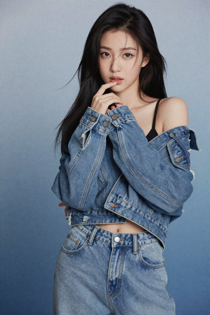 Woman in a denim jacket and jeans with exposed midriff and shoulder