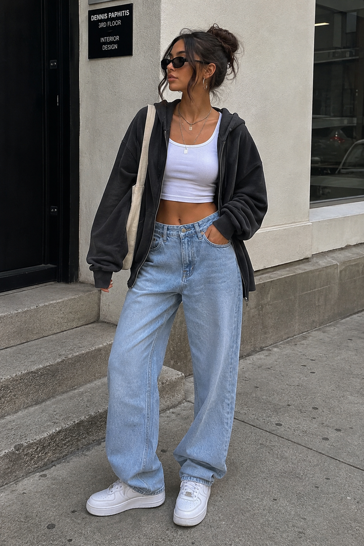Woman in a crop top, baggy jeans, and hoodie on a street