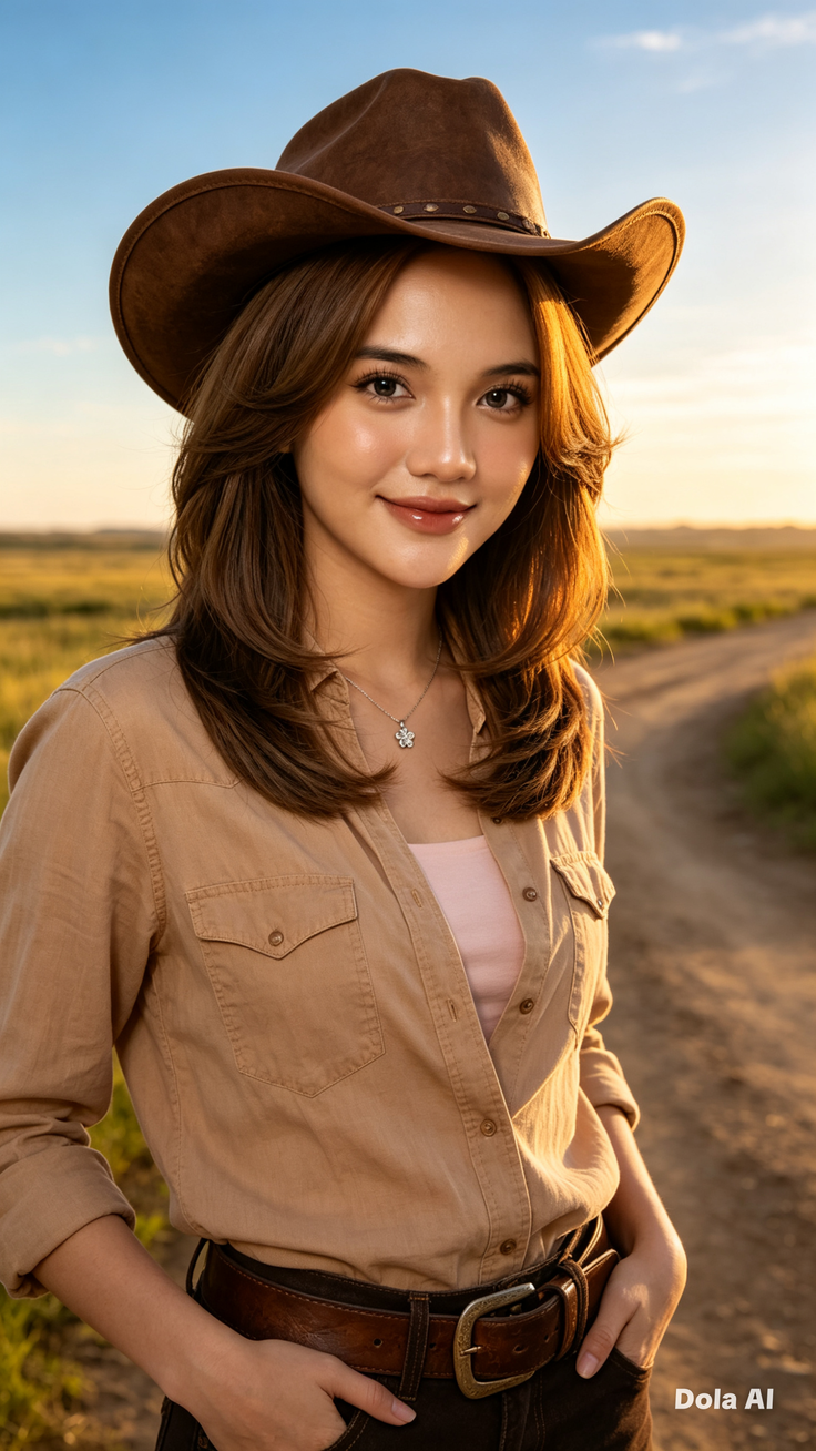 Woman in a cowboy hat and brown shirt in a sunlit countryside at golden hour