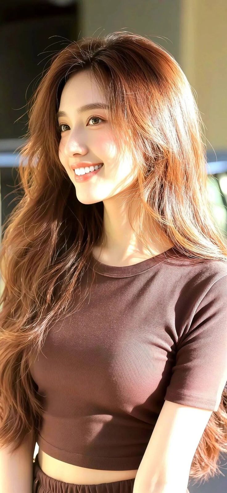 Woman with long brown hair wearing a brown cropped top in soft lighting