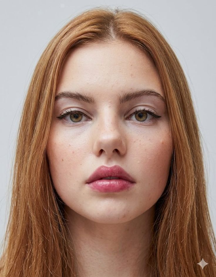 Close up portrait of a young woman with long red hair and green eyes