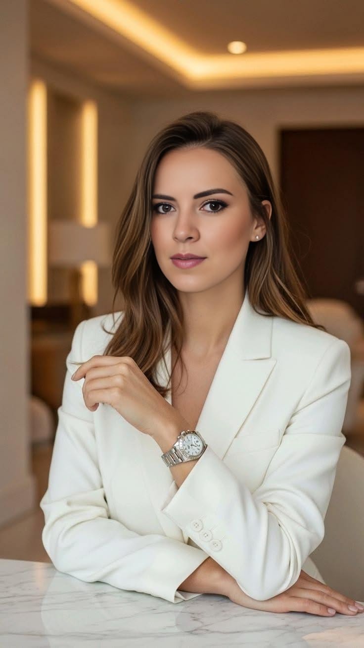 Woman in a white blazer with a silver watch, posing indoors