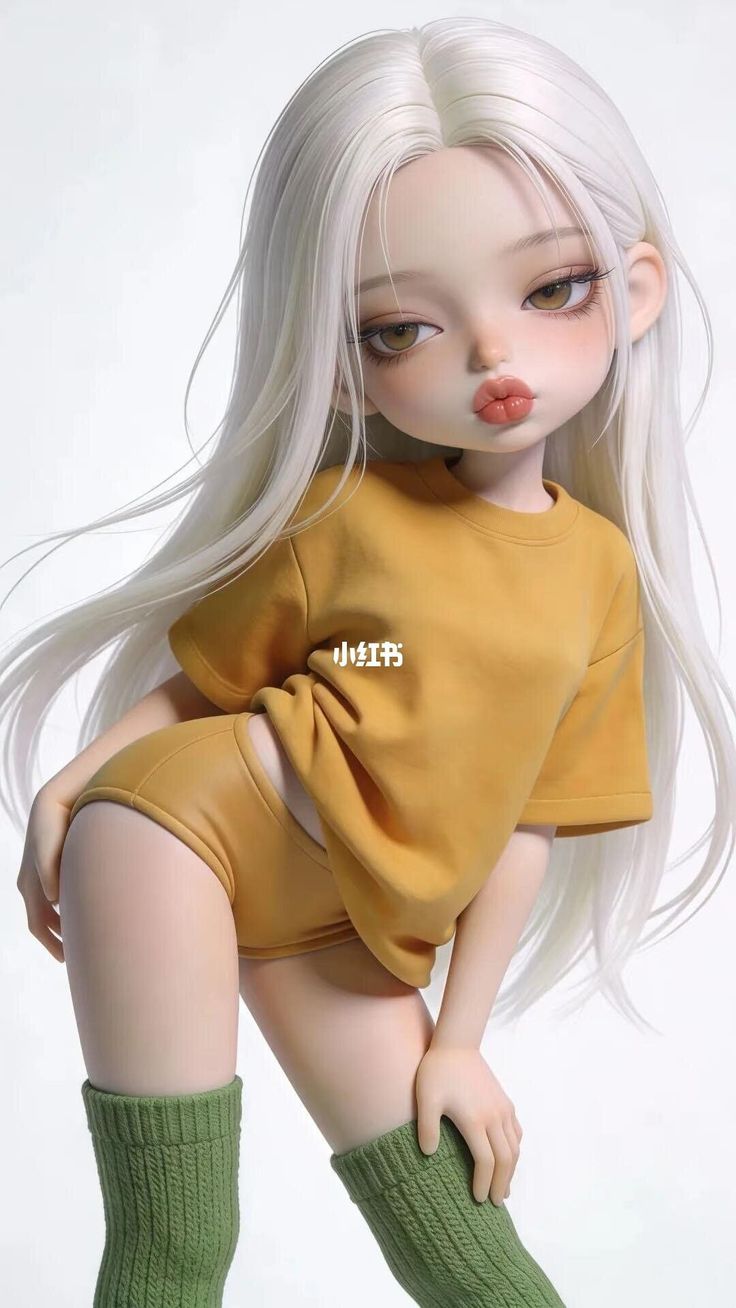 3D render of a doll-like character with long white hair in a yellow outfit
