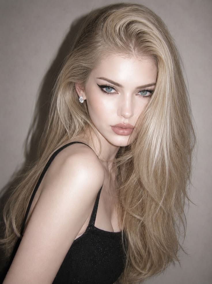 Woman with long blonde hair and blue eyes wearing a black top
