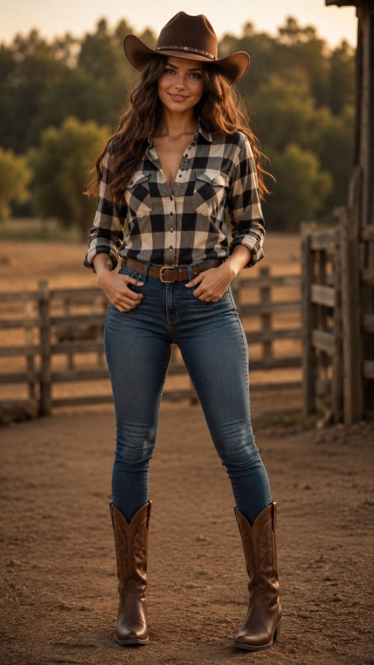 Woman in a cowboy hat, plaid shirt, jeans, and cowboy boots outdoors