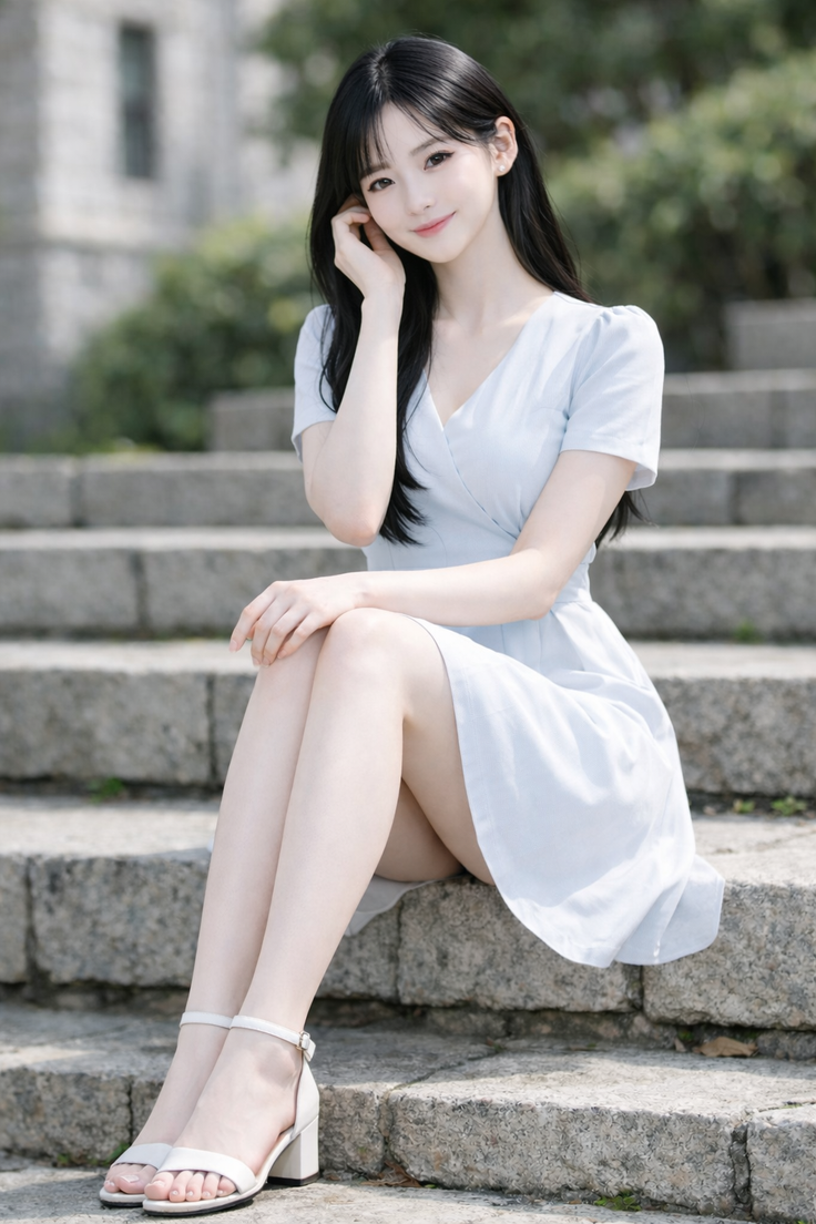 Woman in a light blue dress sitting on stone steps outdoors