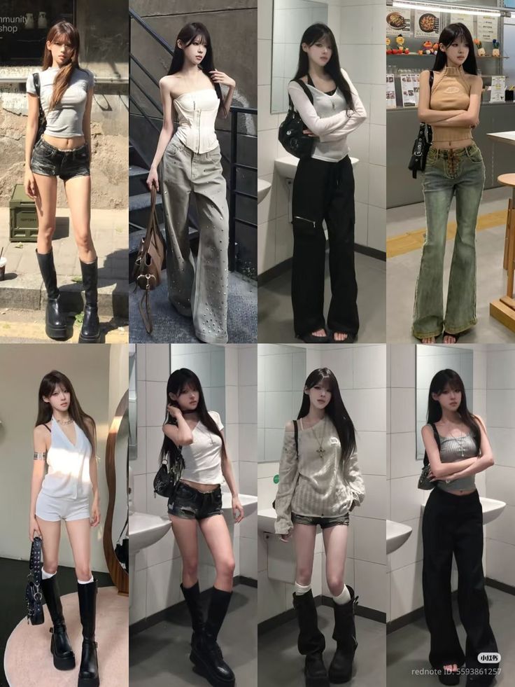 Multiple women posing in various outfits in different indoor and outdoor settings