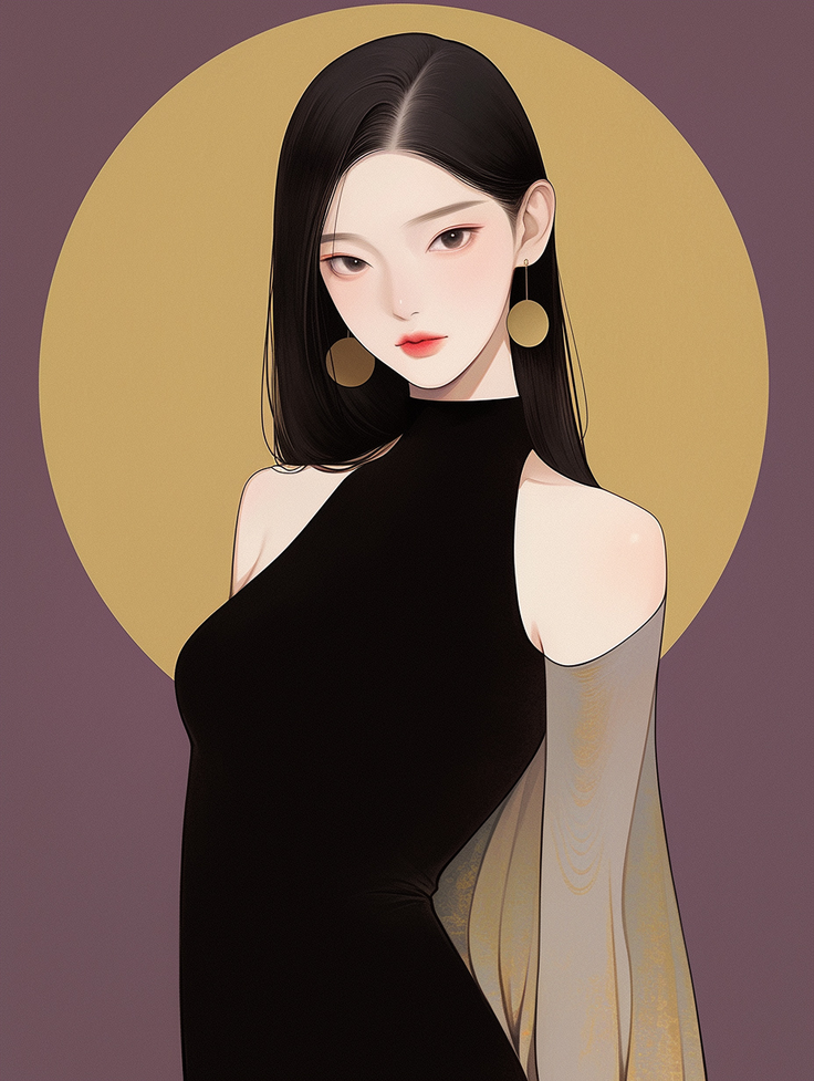 Illustration of a woman with long black hair wearing a black dress and gold earrings