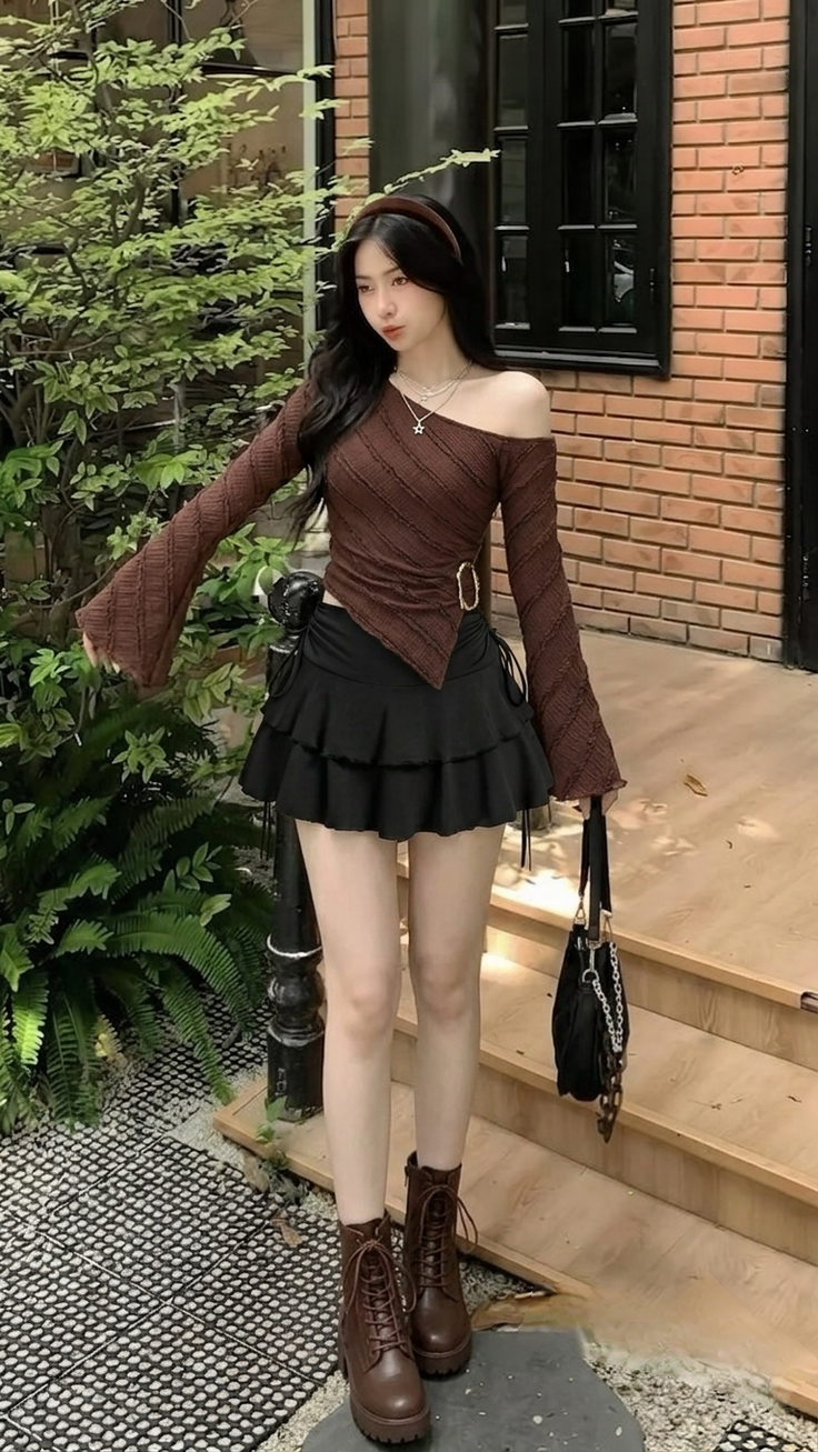 Woman in an off-shoulder top and mini skirt with brown boots and a handbag