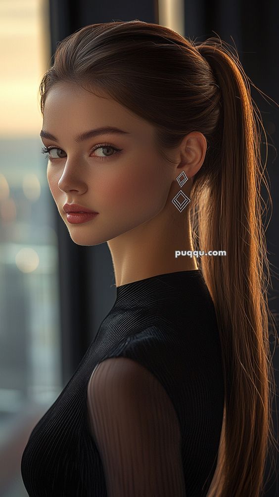 Woman with long brown hair in a ponytail wearing a black top and earrings