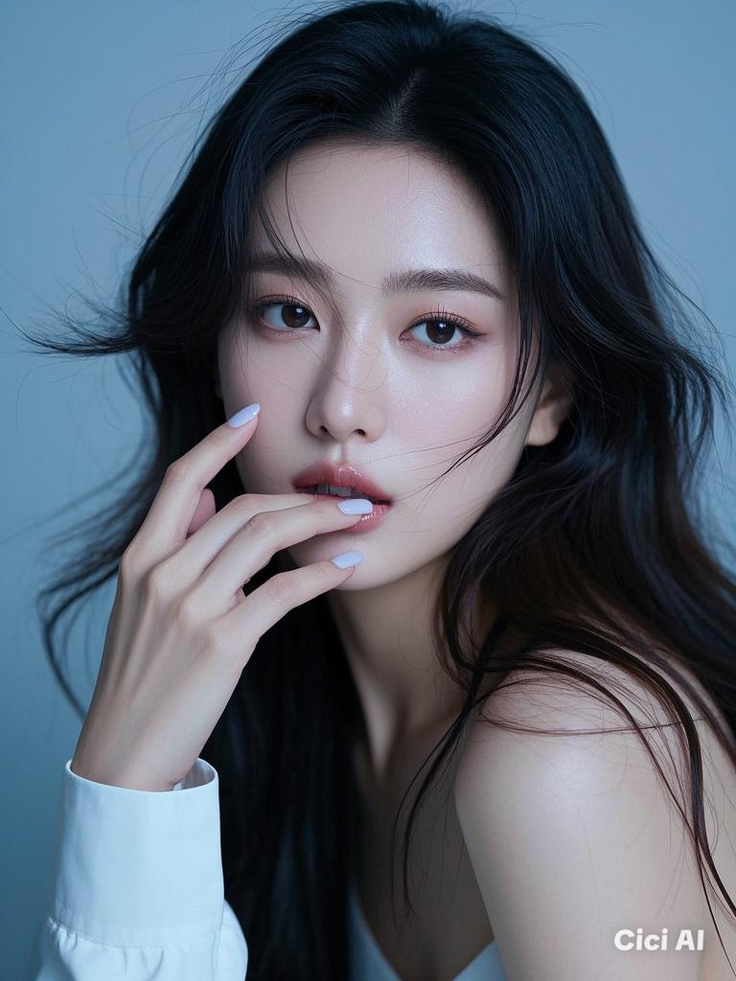 Woman with long black hair and light blue nails touching her lips