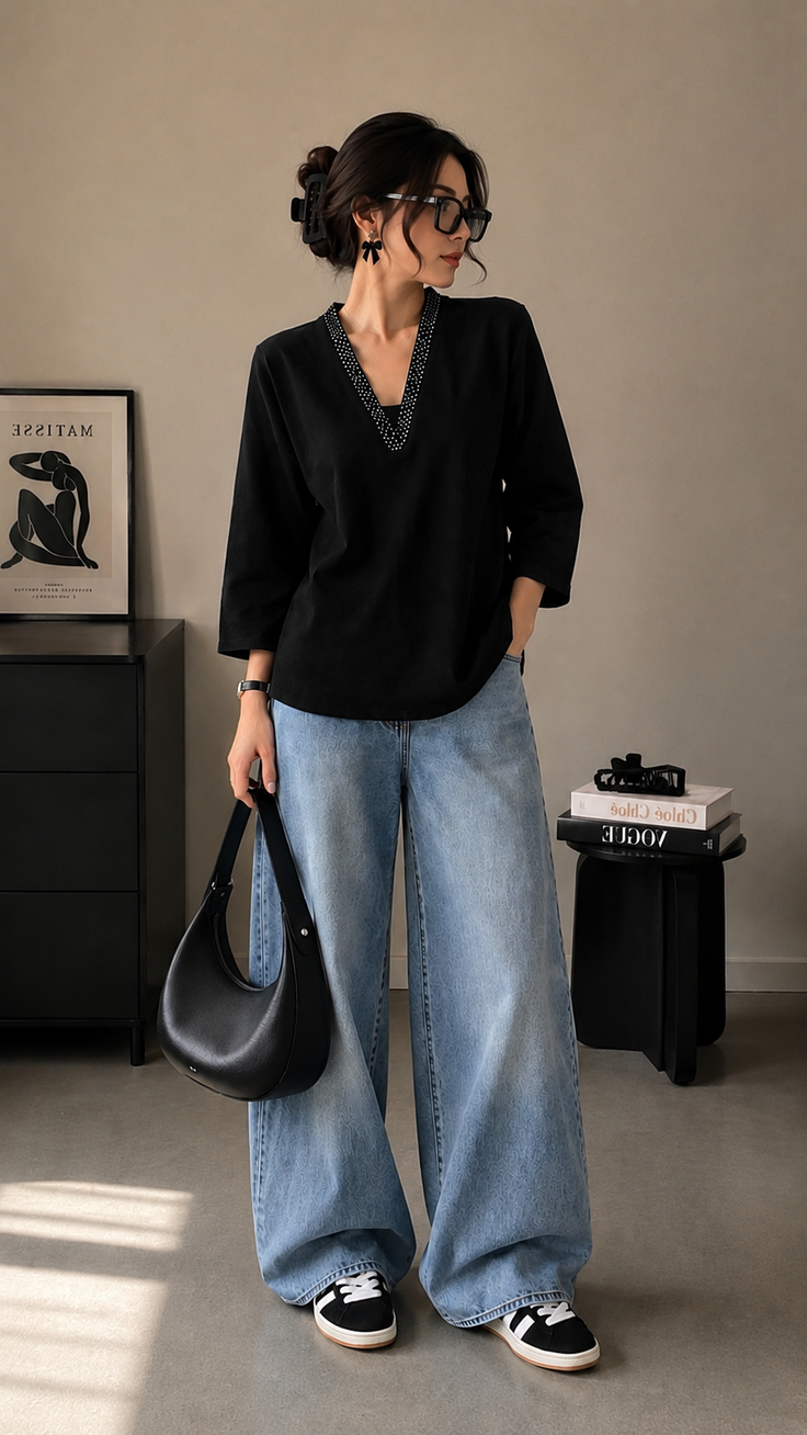 Woman in a black top and wide leg jeans holding a black handbag indoors
