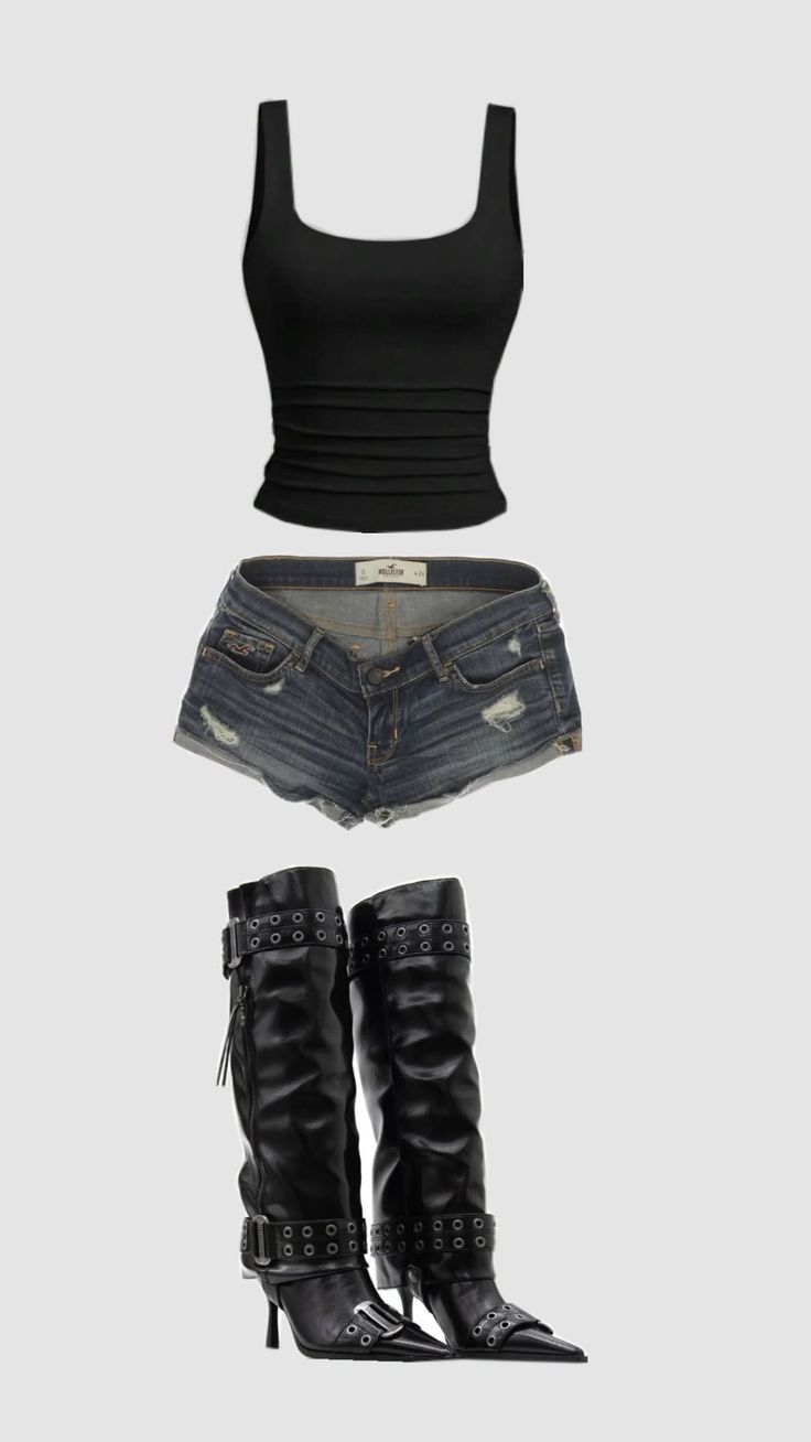 A black tank top, distressed denim shorts, and black high-heeled boots