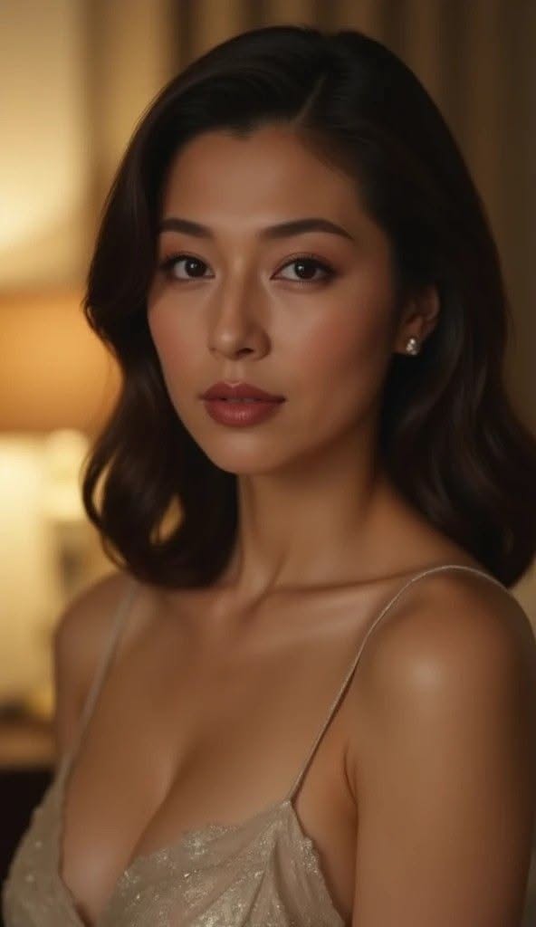 Woman with wavy dark hair wearing a spaghetti strap top with soft lighting