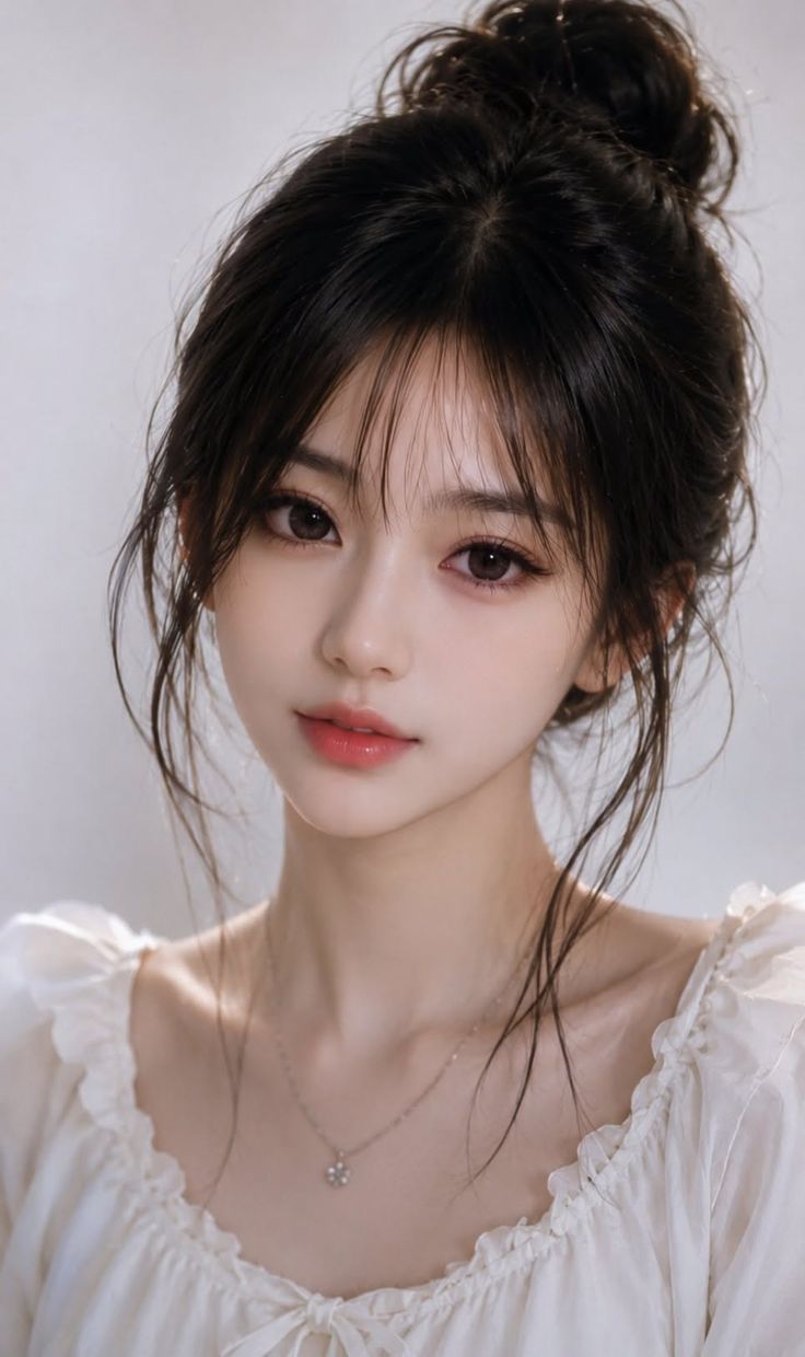Woman with black hair in a bun wearing a ruffled white top and necklace
