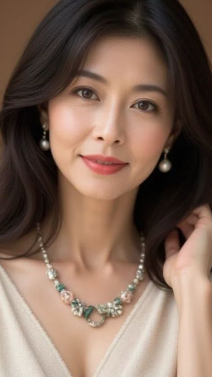 Woman with long dark hair wearing pearl earrings and a decorative necklace