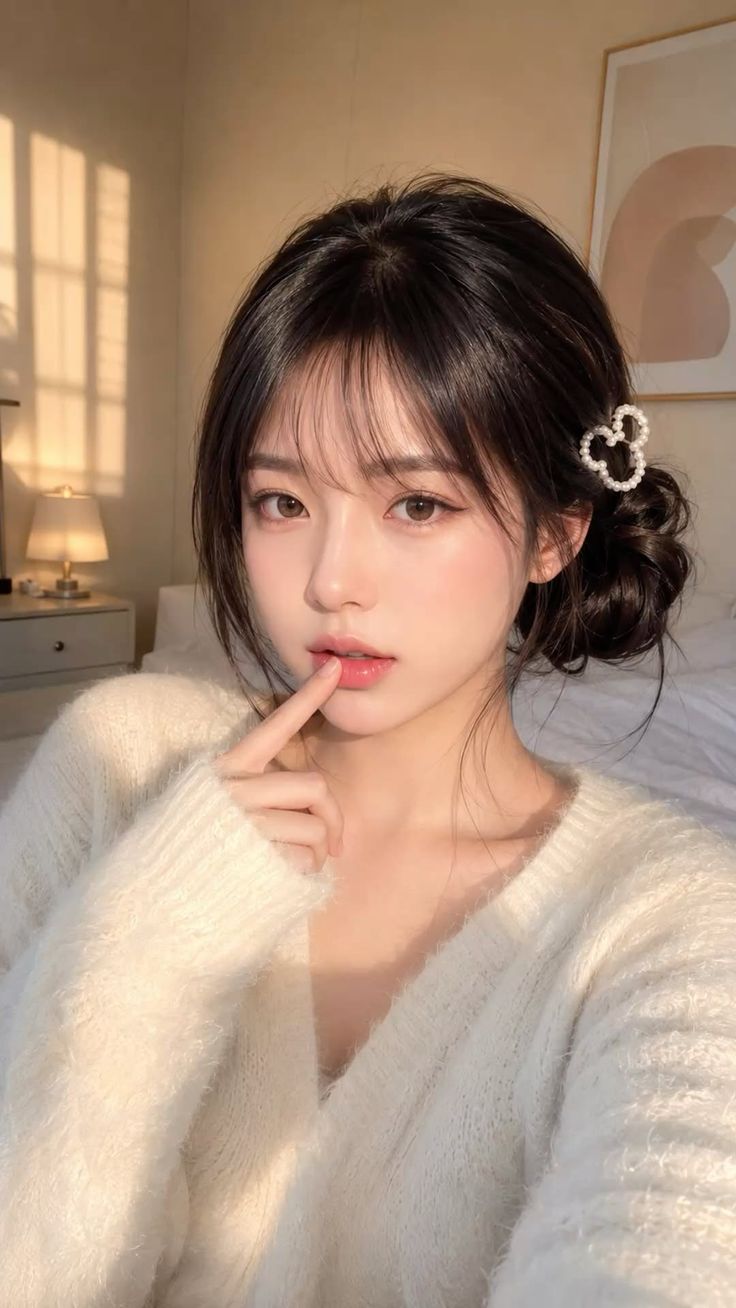 Woman in a white sweater with a heart hair clip in soft indoor lighting