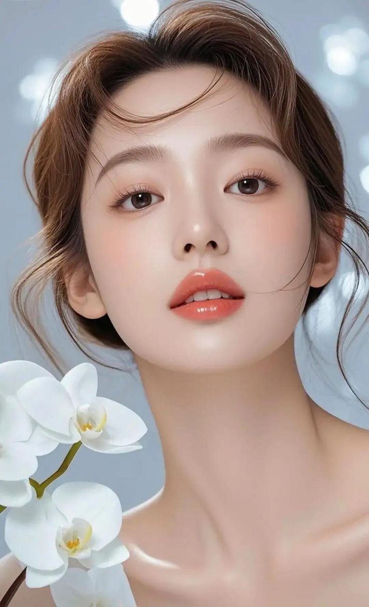 Woman with brown hair and soft makeup, holding a white orchid