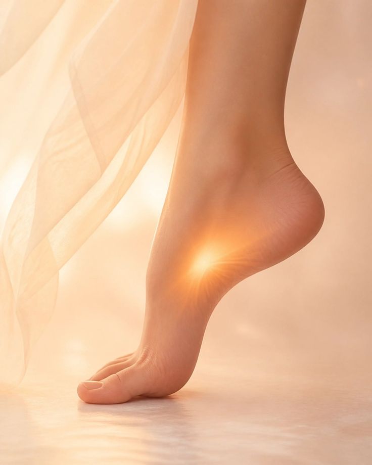 Foot with a glowing effect on the ankle, with sheer fabric in the background
