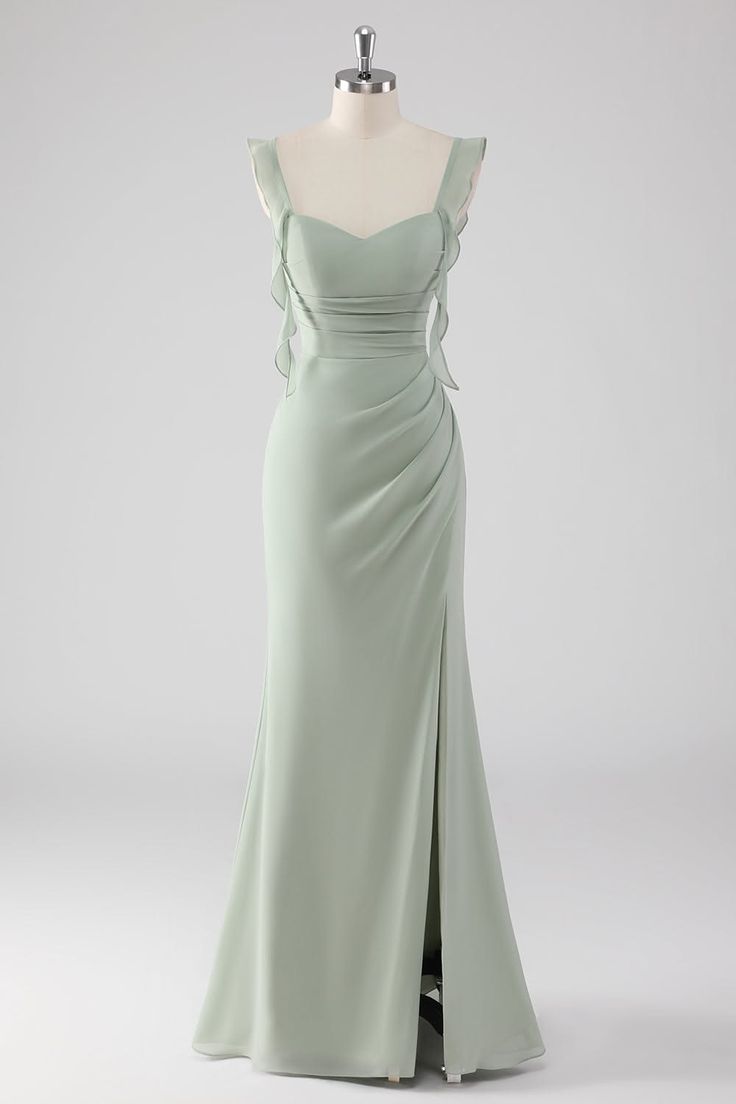 Sage green maxi dress with ruffle straps and a high slit on a mannequin