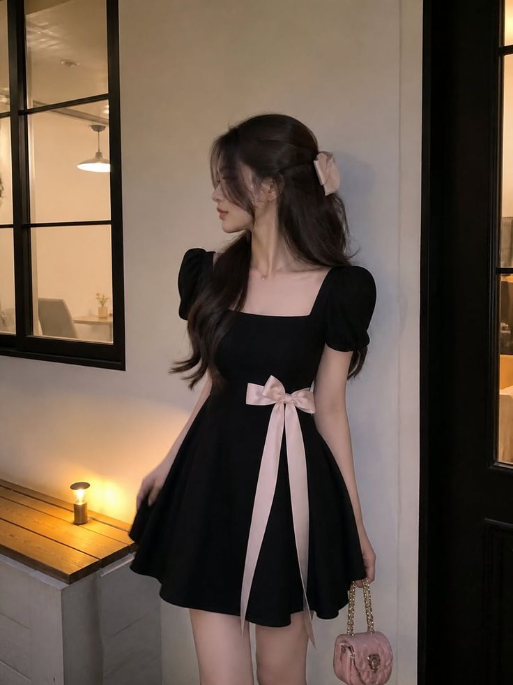 Woman in a black dress with a pink bow and matching handbag indoors