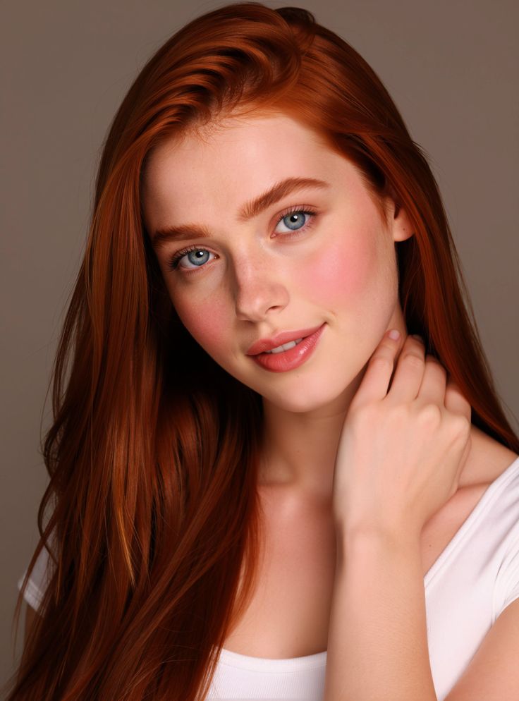 Woman with long red hair and blue eyes in a soft lighting portrait