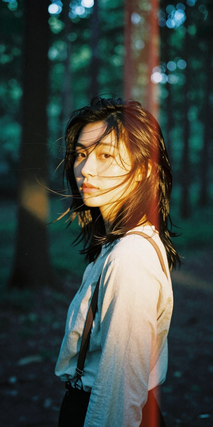 Woman with long hair in a forest with soft backlight and film grain