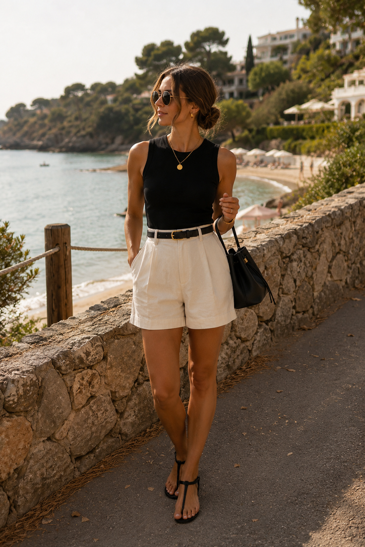 Woman in white shorts and a black top walking along a stone wall overlooking a beach