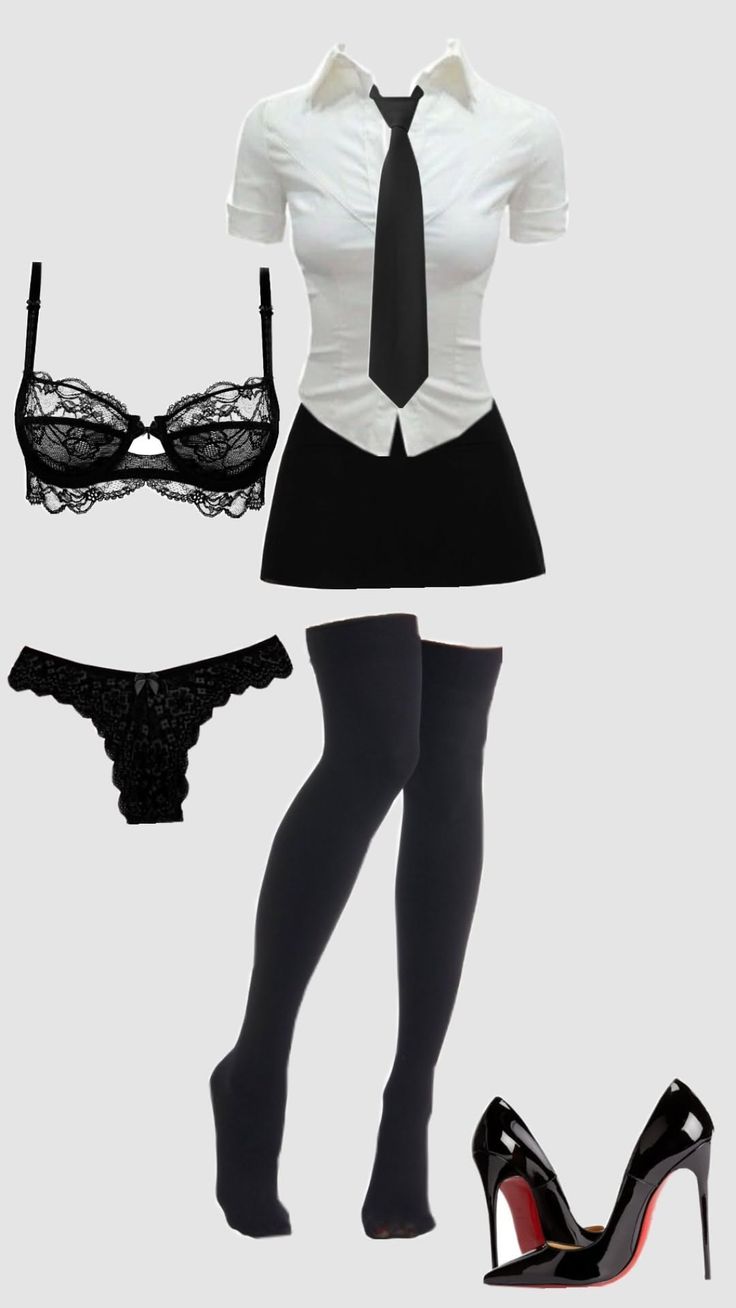 A set of clothing including lingerie, a shirt, skirt, socks, and high heels