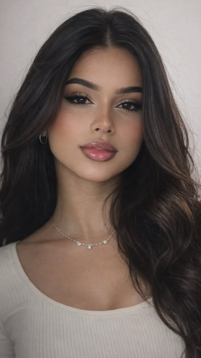 Woman with long dark hair and a nose piercing wearing a necklace