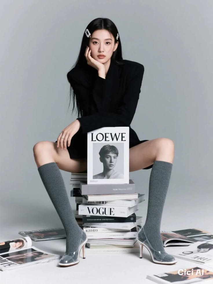 Woman in a black blazer and knee-high socks sitting on a stack of magazines