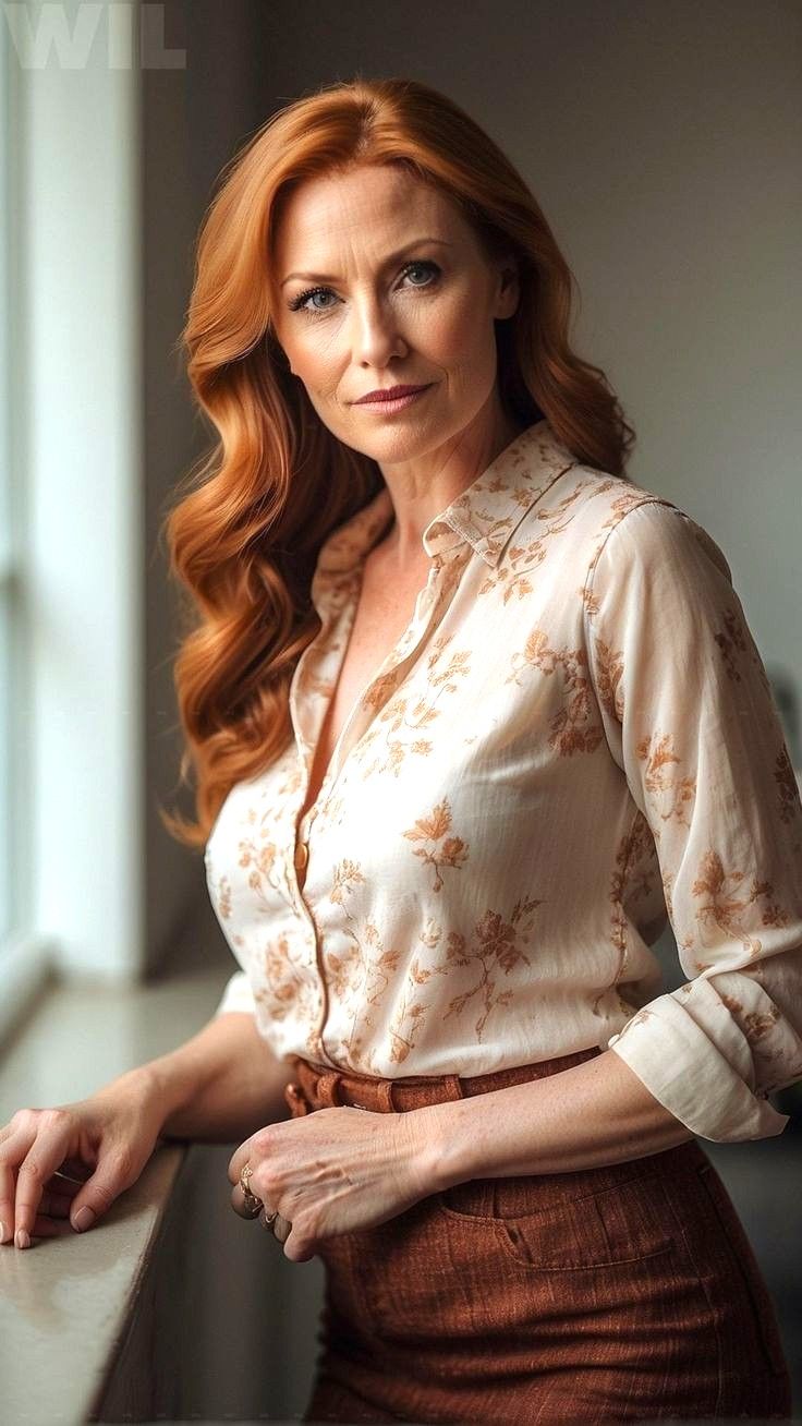 Woman with red hair wearing a floral shirt and brown pants indoors