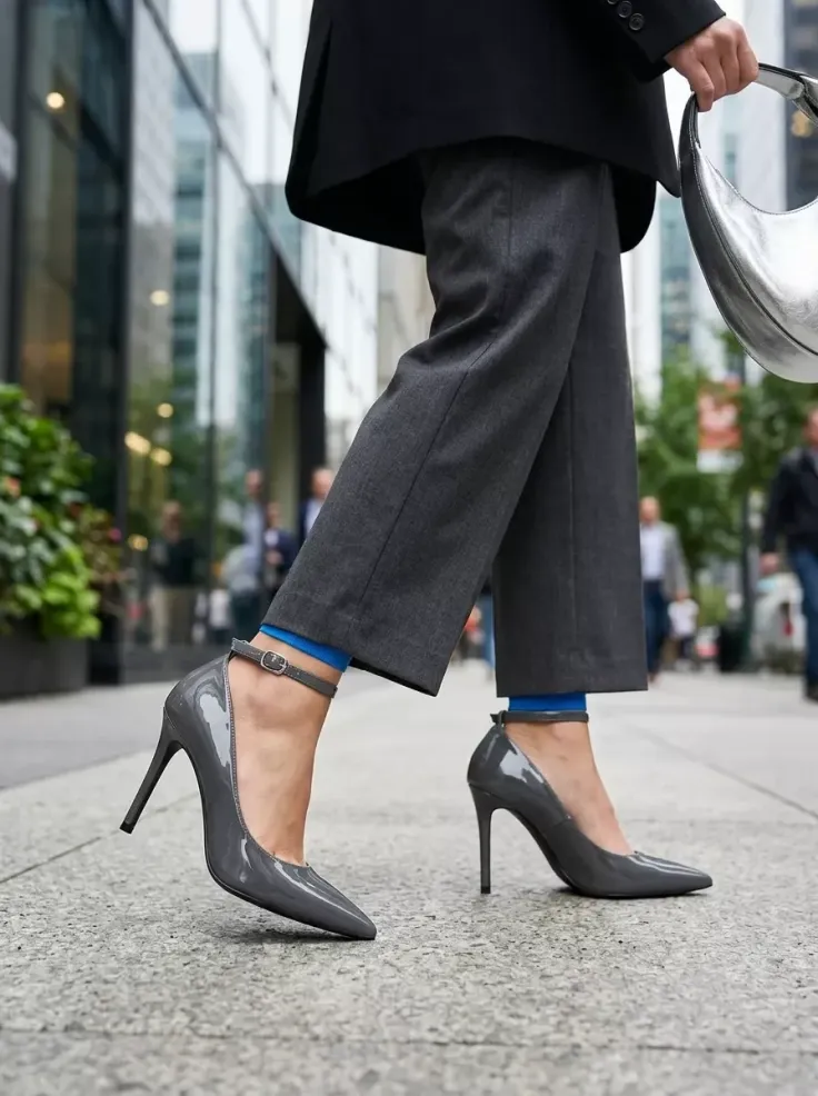 Person in high heels and wide leg pants walking on a city street