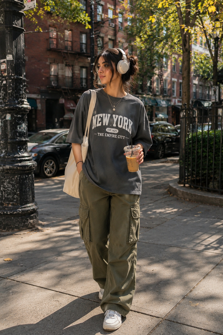 Woman in cargo pants and an oversized t-shirt walking on a city street