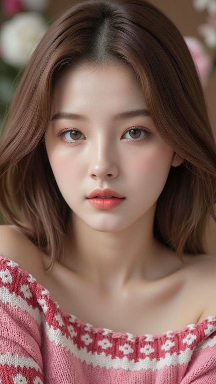 Woman with long brown hair wearing an off-shoulder pink knitted top