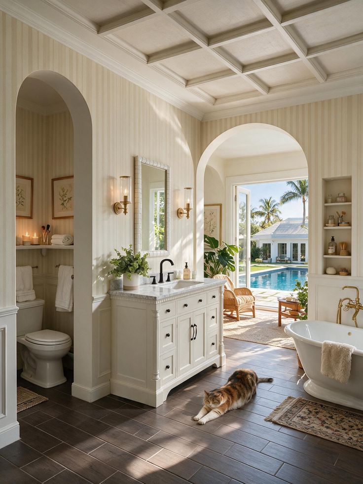Luxury bathroom with a cat stretching on the floor and a view of a swimming pool