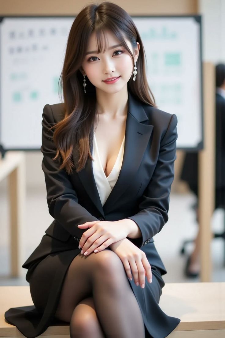 Woman in a business suit with cleavage and pantyhose, sitting indoors
