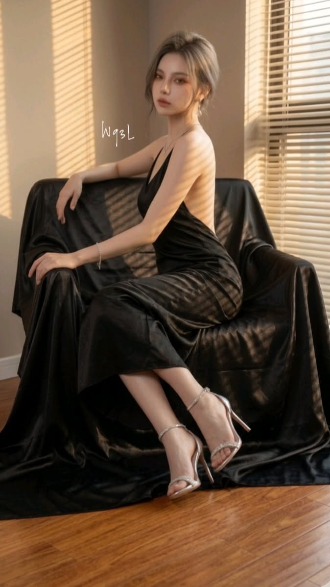 Woman in a black backless dress and high heels sitting on a couch