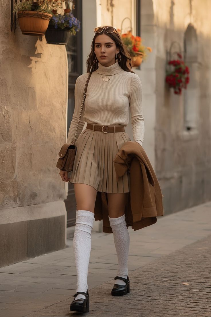 Woman in a turtleneck sweater and pleated skirt walking on a street