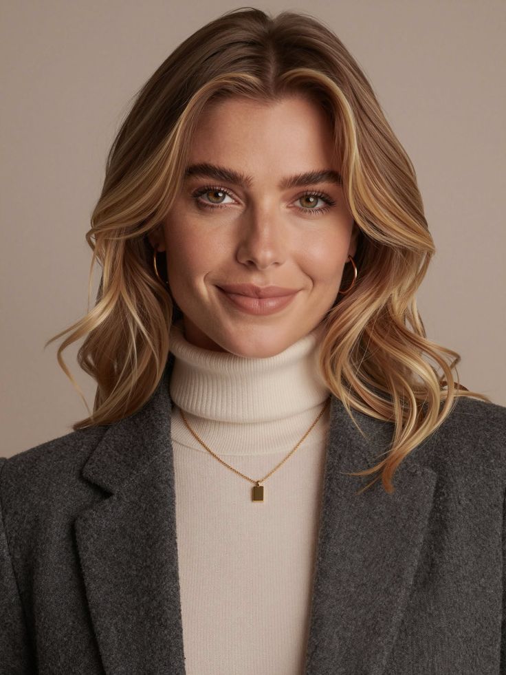 Woman with blonde hair wearing a white turtleneck and grey blazer