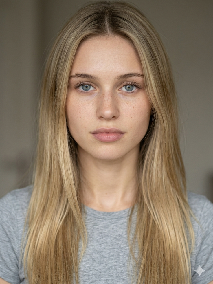 Young woman with blonde hair and blue eyes looking directly at the camera