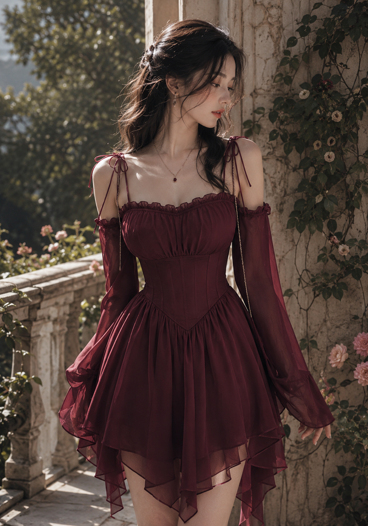 Woman in a maroon dress with long hair standing outdoors