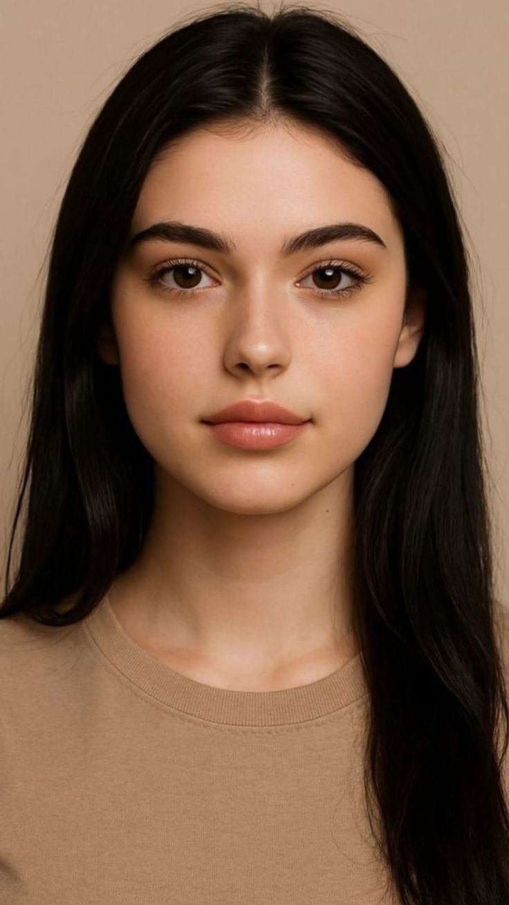 Woman with long black hair and natural makeup wearing a tan t-shirt