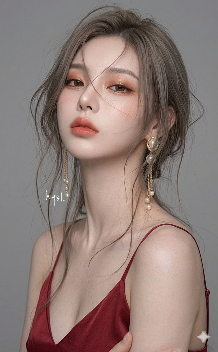 Woman with long hair and pearl earrings wearing a red camisole